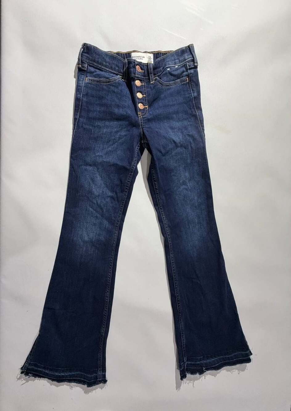 Abercrombie Kids Girls Dark Wash Button Fly Flare Frayed Hem Jeans
